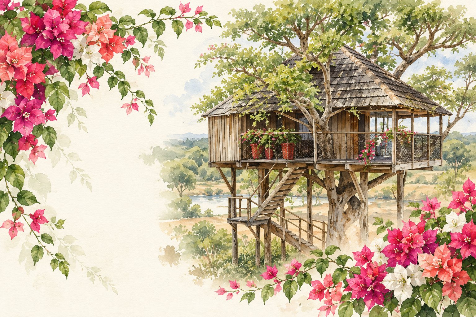 Aquarela da Casa da Árvore do Curió, cercada de folhagens e bougainvílias rosas, magenta e brancas
